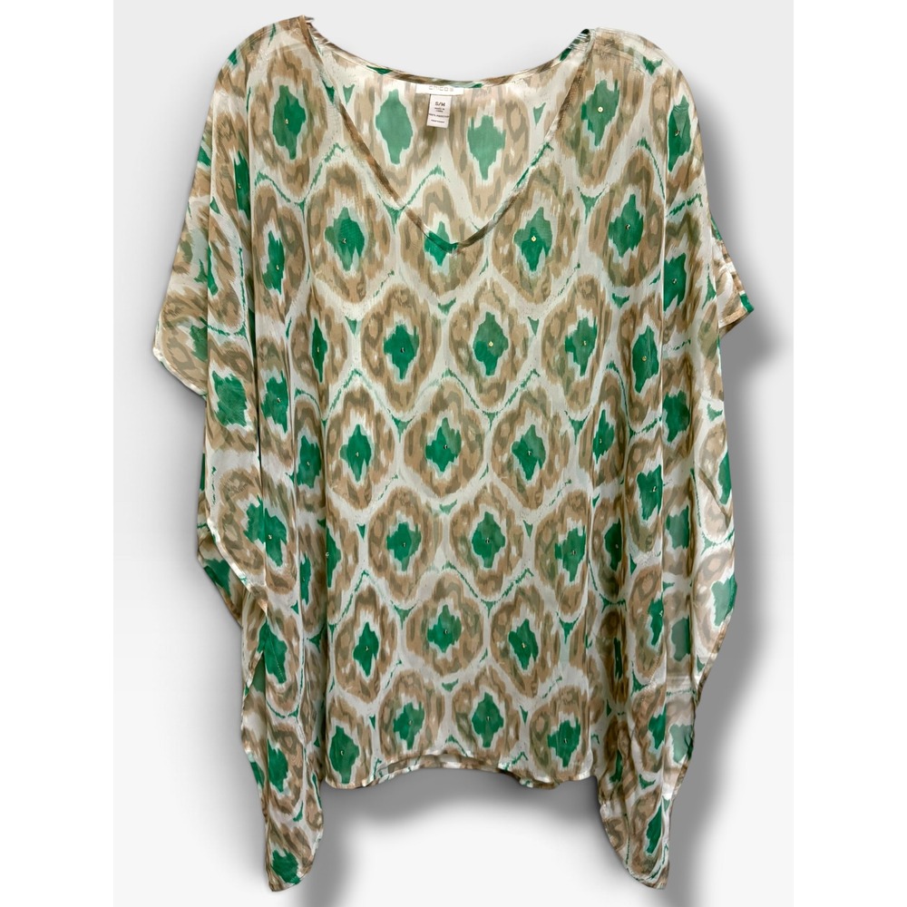 Chico's Sheer Ikat Kaftan Poncho S/M Green Tan Sequin Resort Top